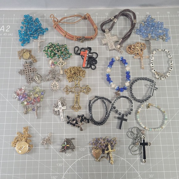 Jewelry - Religious Jewelry Lot 20+ Cross Necklaces Bracelets Rosaries Catholic Christian